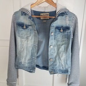 Distressed denim jacket w/ striped sleeves & hood